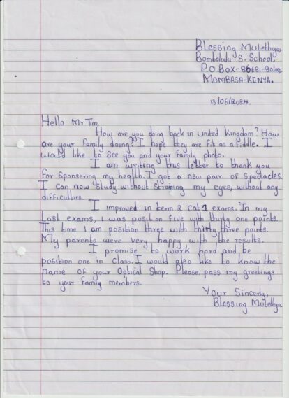 Letter from our student Blessing thanking our supporter Tim for her eye test and new glasses